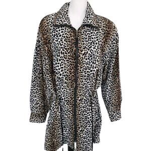 Vtg 90s Jungle Accent Leopard Drawstring Shoulder Pads Long Jacket Coat Sz L